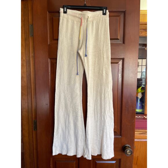 Michael Lauren French Terry flare lounge pants cream with rai ow tie at waist XS - Picture 1 of 4
